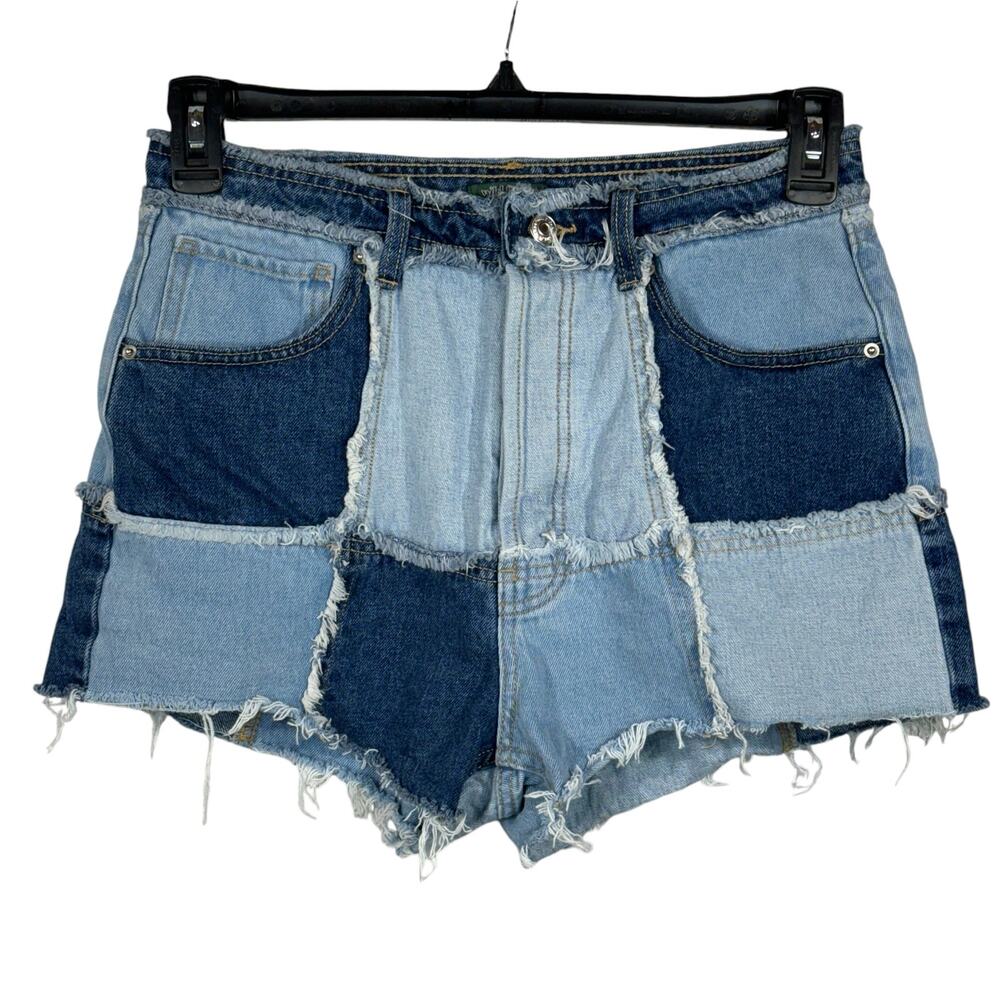 Wild Fable SZ 8 Highest Rise Cutoff Jean Shorts Patchwork Frayed Button-Fly Blue